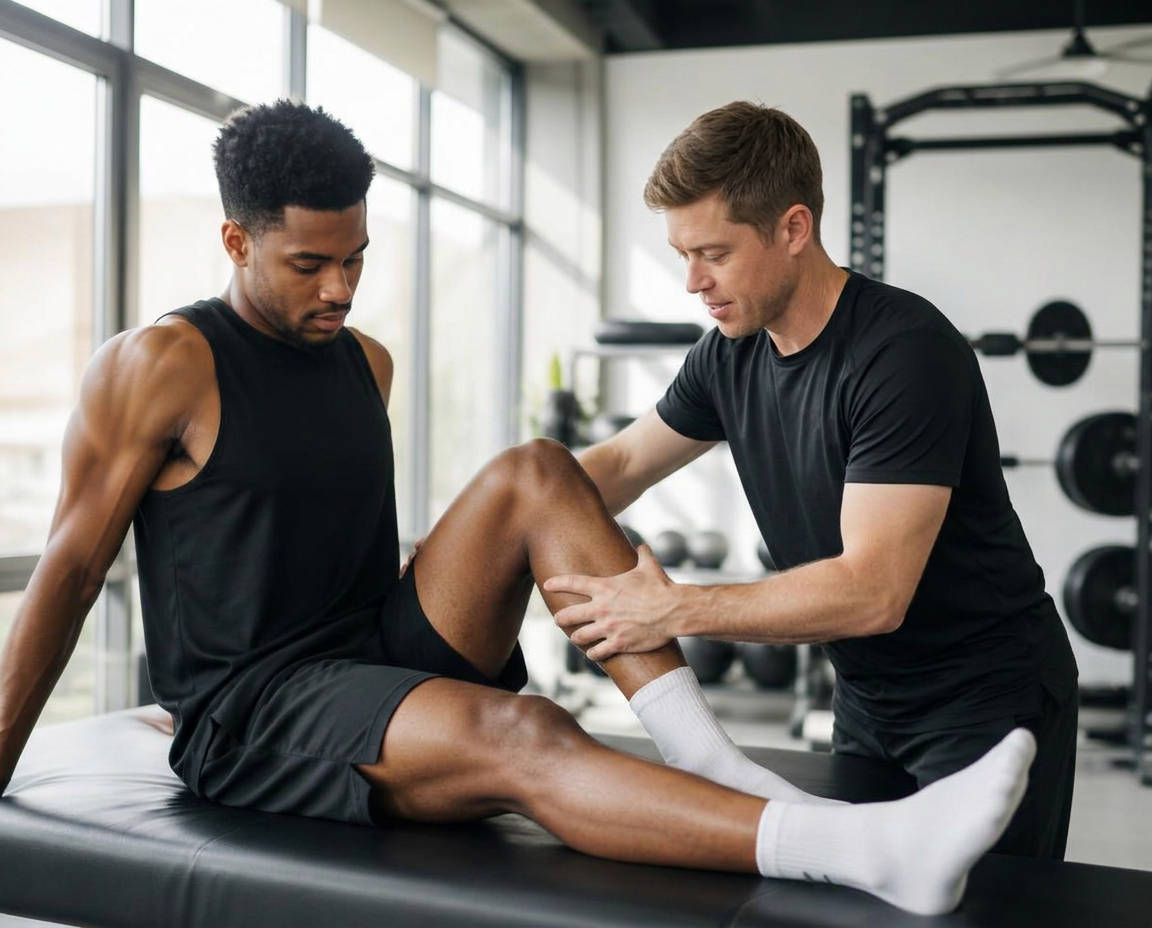 Physical therapist assessing an athlete's knee